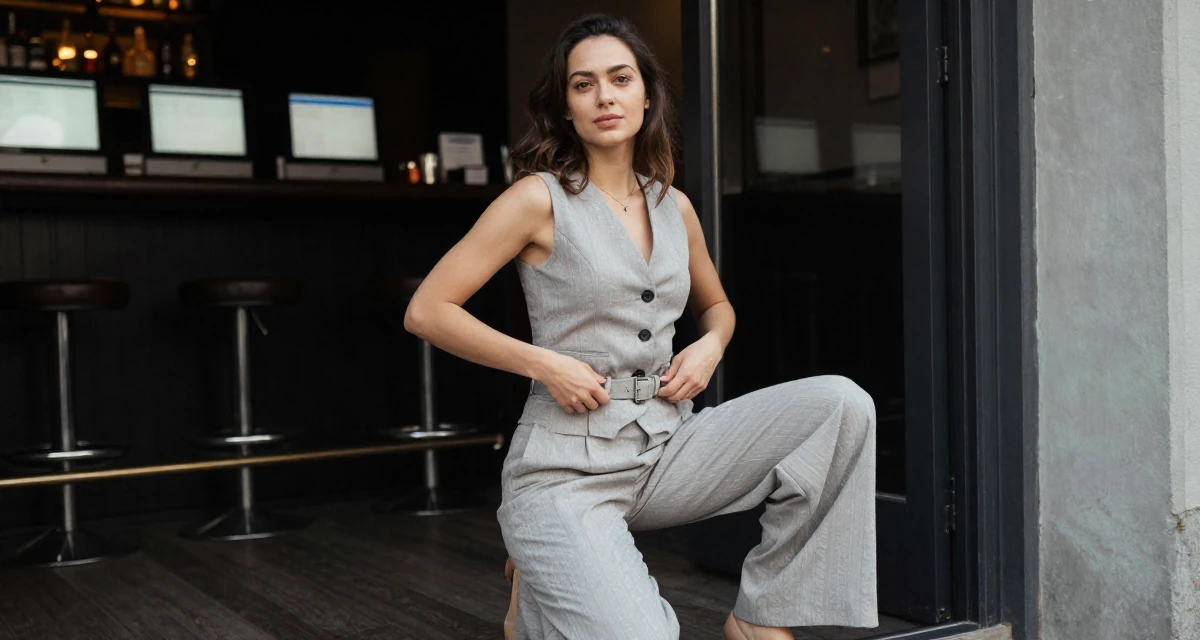 A quietly confident Female From Geneva Switzerland, studied international hospitality in their 23, building first professional networks, wearing a fitted waist coat and wide leg trousers, adjusting a belt in a dimly lit jazz bar.