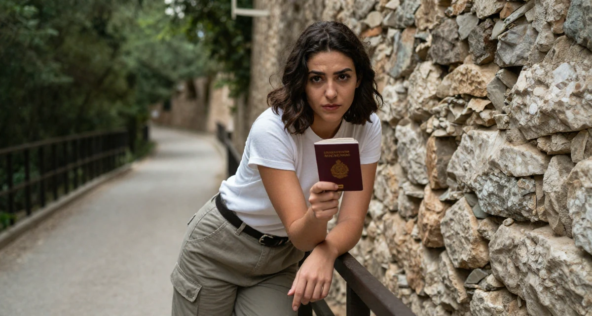 A intense and captivating Female From Lebanon, based in Beirut, graduated from a creative institute majoring in expressive photoshoot styling in their 25, exploring personal identity for the first time, wearing a simple t-shirt and cargo pants, holding a passport in a forest path.