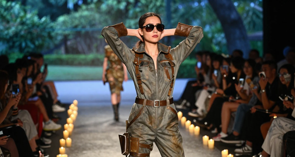 A sultry Female From Kaohsiung Taiwan, started modeling while studying visual design in their 31, exploring local culture and hidden gems, wearing a steampunk mechanic jumpsuit with grease stains, lowering sunglasses to look out in a fashion runway.