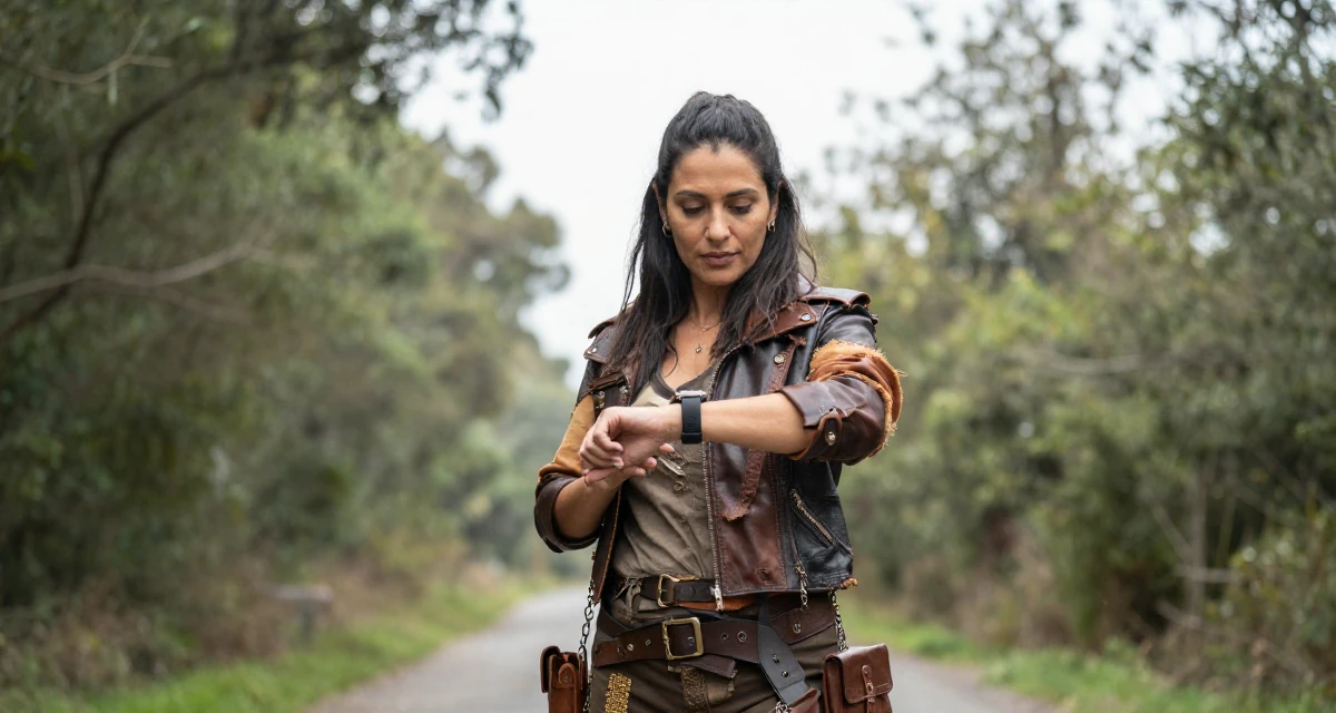 A self-assured Female From Mexico City Mexico, studied graphic communication in their 40, inspiring others to chase dreams at any age, wearing a post-apocalyptic scavenger outfit with distressed leather, checking a wristwatch in a forest path.