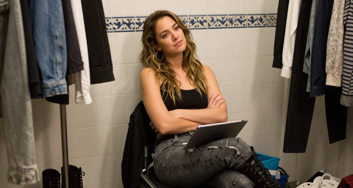 A relaxed and carefree Female From Los Angeles USA, trained in acting and sensual performance in their 25, realizing no one teaches emotional labor in creator work, wearing a edgy street style with boots, holding a tablet device in a backstage dressing room.