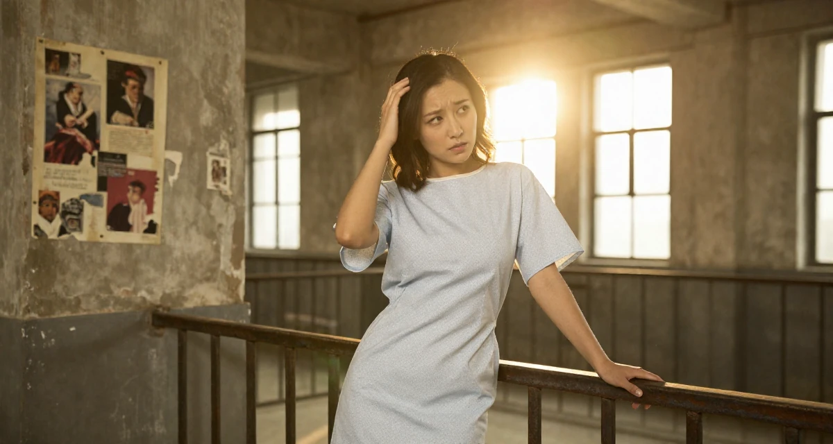A judgemental Female From Mongolia, majored in history and culture in their 23, building consistency in personal projects, wearing a hospital patient gown tailored to be form-fitting, scratching the head in confusion in a industrial loft.