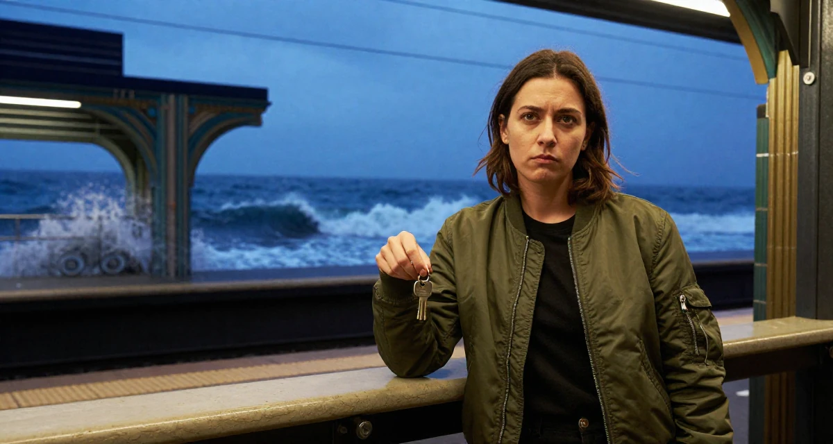 A intimidating Female Once a warehouse picker, now building a creator brand from scratch in their 25, still unsure how to price beginner subscriptions, wearing a classic bomber jacket style, holding a set of keys in a subway platform.