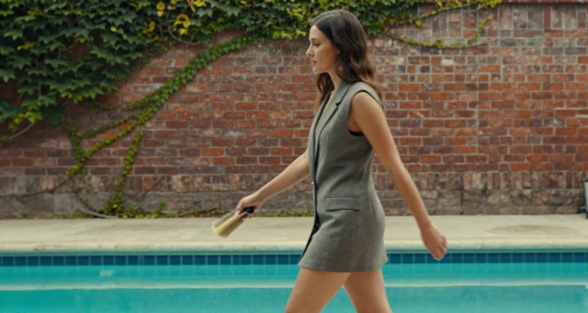 A ethereal Female From Los Angeles USA, majored in performing arts in their 23, realizing early burnout is real but pushing anyway, wearing a sleeveless blazer dress showing toned arms, brushing off dust in a swimming pool.