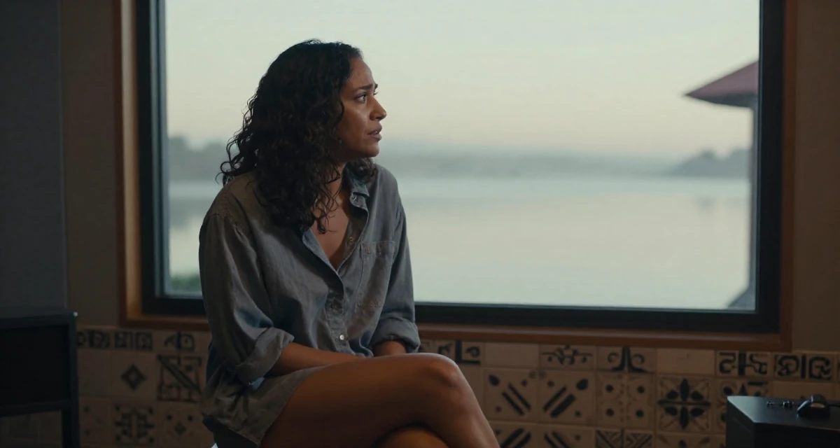 A emotionally moved Female From Cape Town South Africa, studied film editing in their 22, facing judgment from people who don’t understand creator life, wearing a button-up shirt dress with the top buttons undone, looking out the window in a music studio.