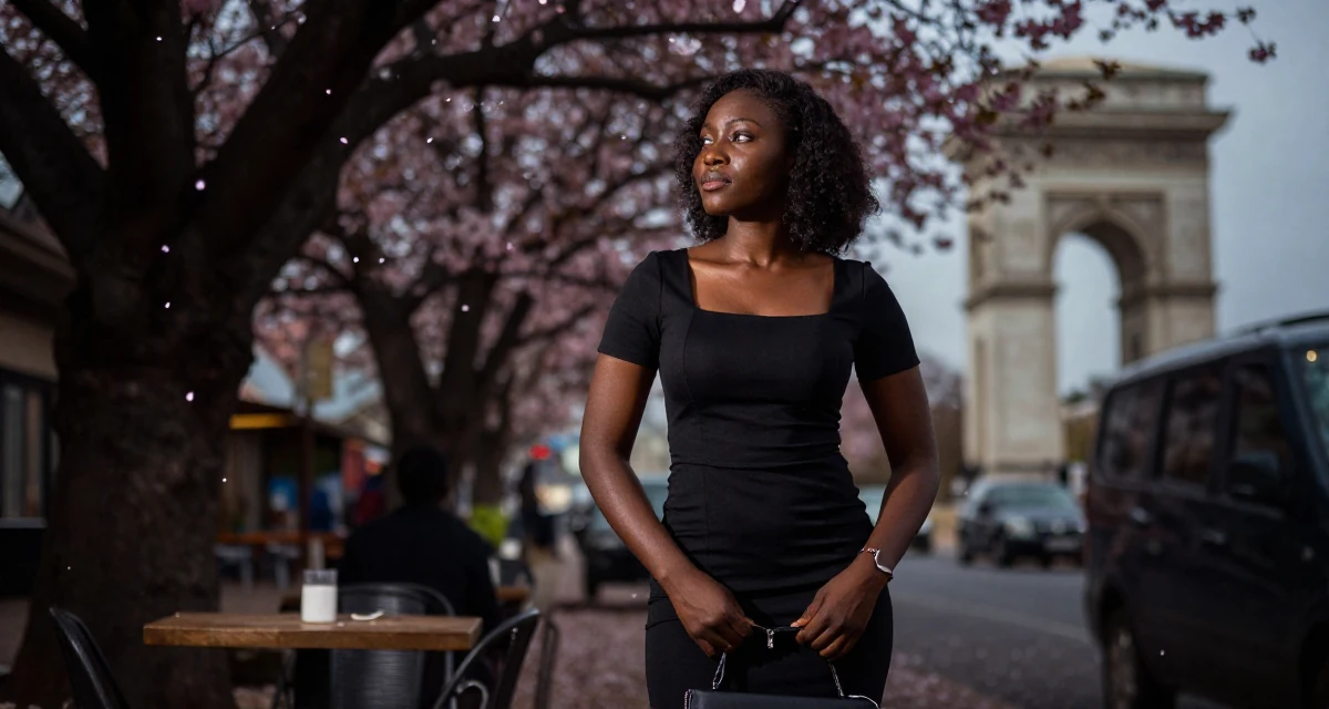 A serene Female From Ghana, majored in banking and finance in their 27, contemplating a major career pivot, wearing a fitted black dress with a square neckline, zipping up a bag in a cozy café.