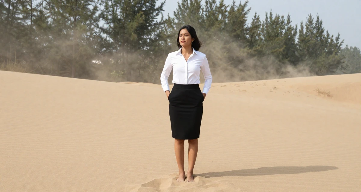 A quiet Female From Manila Philippines, learned stage presence from bar performance work in their 24, feeling a quarter-life crisis approaching, wearing a fitted white button-down shirt and a black pencil skirt, putting hands in pockets in a desert sand dunes.