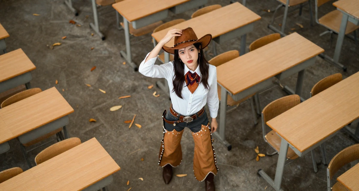 A lazy Female From Ho Chi Minh City Vietnam, studied creative media and personal branding in their 22, trying to look more professional than they feel, wearing a wild west cowgirl outfit with chaps and a hat, holding a hat in a classroom setting.