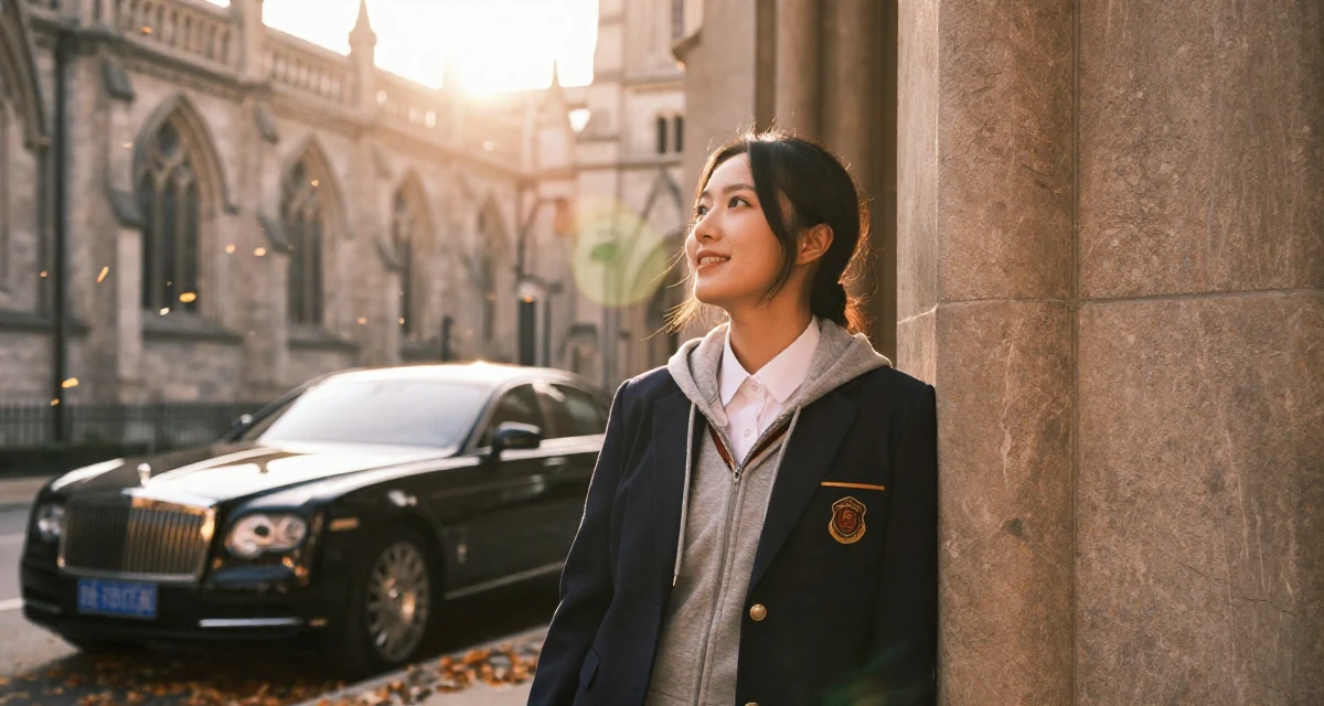 A spirited Female From China, studied computer graphics in their 23, refining their taste in art and music, wearing a school council president uniform with a blazer, zipping up a hoodie in a gothic cathedral interior.