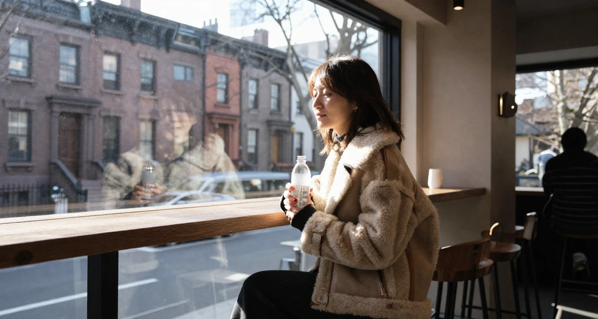 A peaceful Female From Tokyo Japan, studied gravure-style posing and aesthetic direction in their 23, creating photo sets that feel intimate but not explicit, wearing a warm shearling jacket, holding a water bottle in a high-end restaurant.