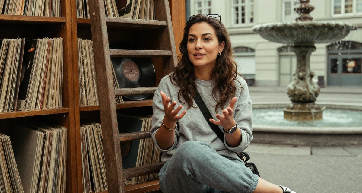 A subtly confident Female From Switzerland, based in Zurich, graduated from a creative institute majoring in high-end glam production in their 30, redefining what success means personally, wearing a comfortable travel outfit, gesturing while talking in a old library with wooden ladders.