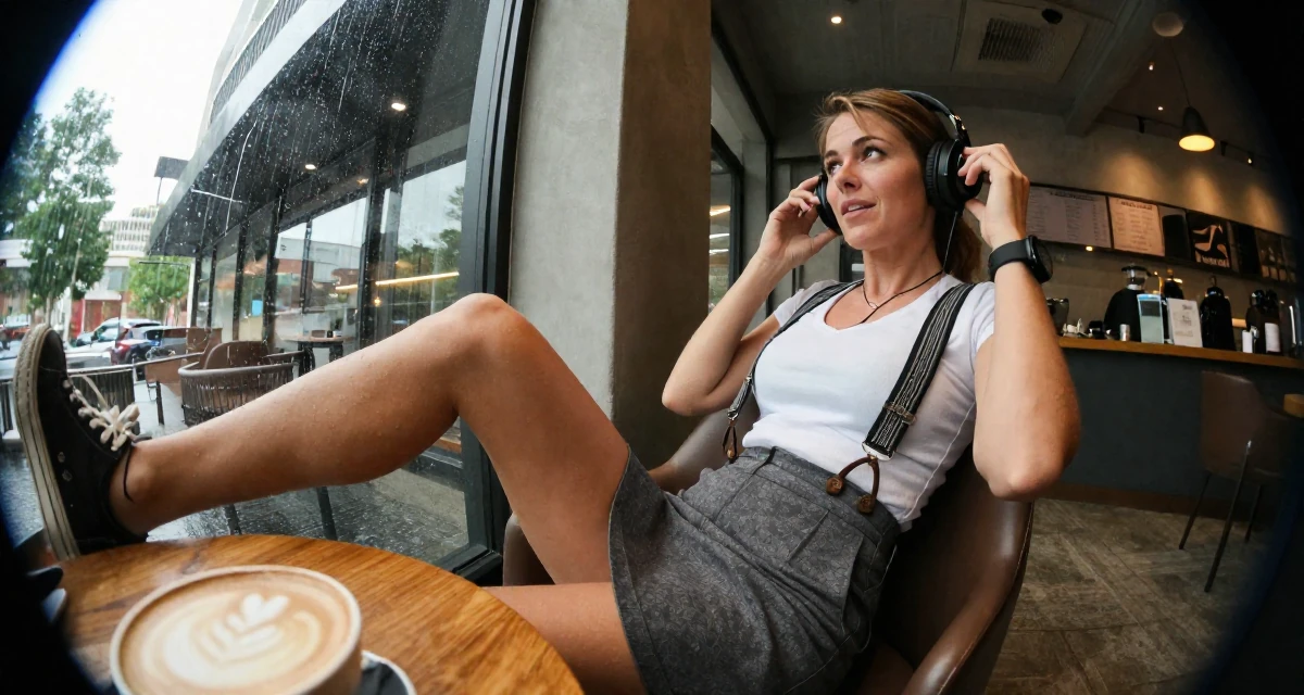A romantic Female Former aerobics instructor, now filming premium workout sessions in their 47, navigating the challenges of the sandwich generation, wearing a high-waisted skirt with suspenders and a shirt, listening to music with headphones in a trendy coffee shop.