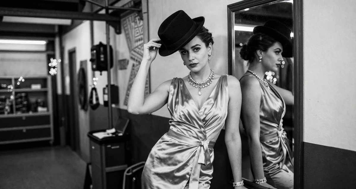 A guarded Female Former hotel concierge, now offering luxury-inspired lifestyle content in their 25, calculating every purchase because income is unstable, wearing a regal empress gown with heavy silk and jewelry, tipping a hat in a mechanic garage.