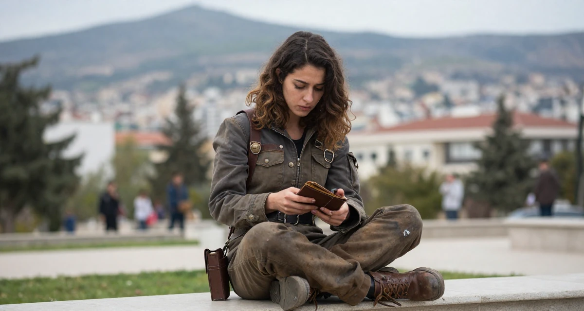A stoic and strong Female From Turkey, based in Antalya, graduated from a film school majoring in mood-driven visual expression in their 20, experiencing the first taste of freedom away from home, wearing a steampunk mechanic jumpsuit with grease stains, checking a wallet in a university campus.