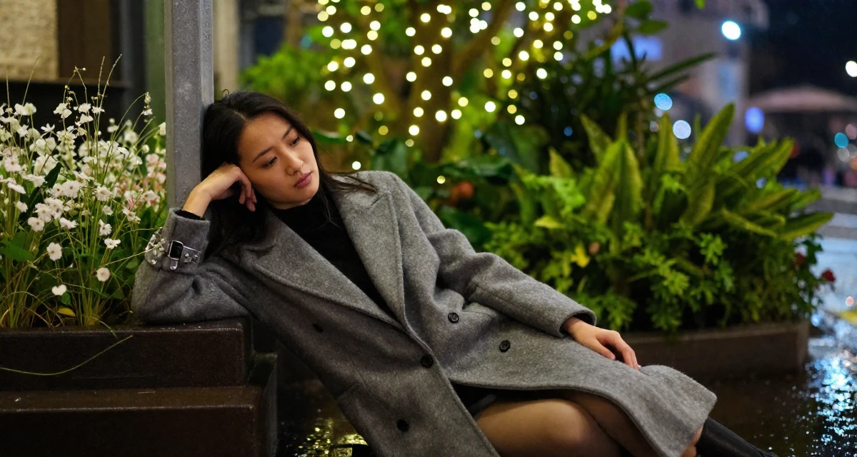 A enigmatic Female From Hong Kong, studied digital media arts in their 28, facing creator fatigue while pretending to thrive, wearing a elegant woolen coat styling, glancing over the shoulder in a rainy street corner.
