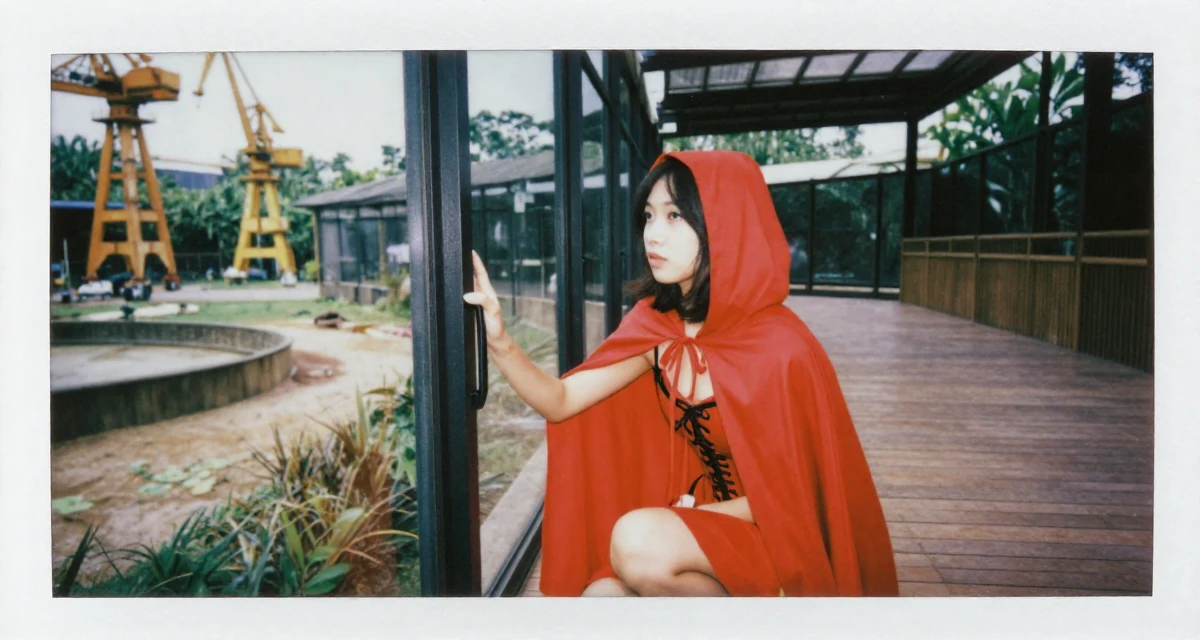 A longing Female From Indonesia, majored in visual communication in their 25, calculating every purchase because income is unstable, wearing a red riding hood inspired cape and corset dress, pushing a door open in a zoo enclosure path.