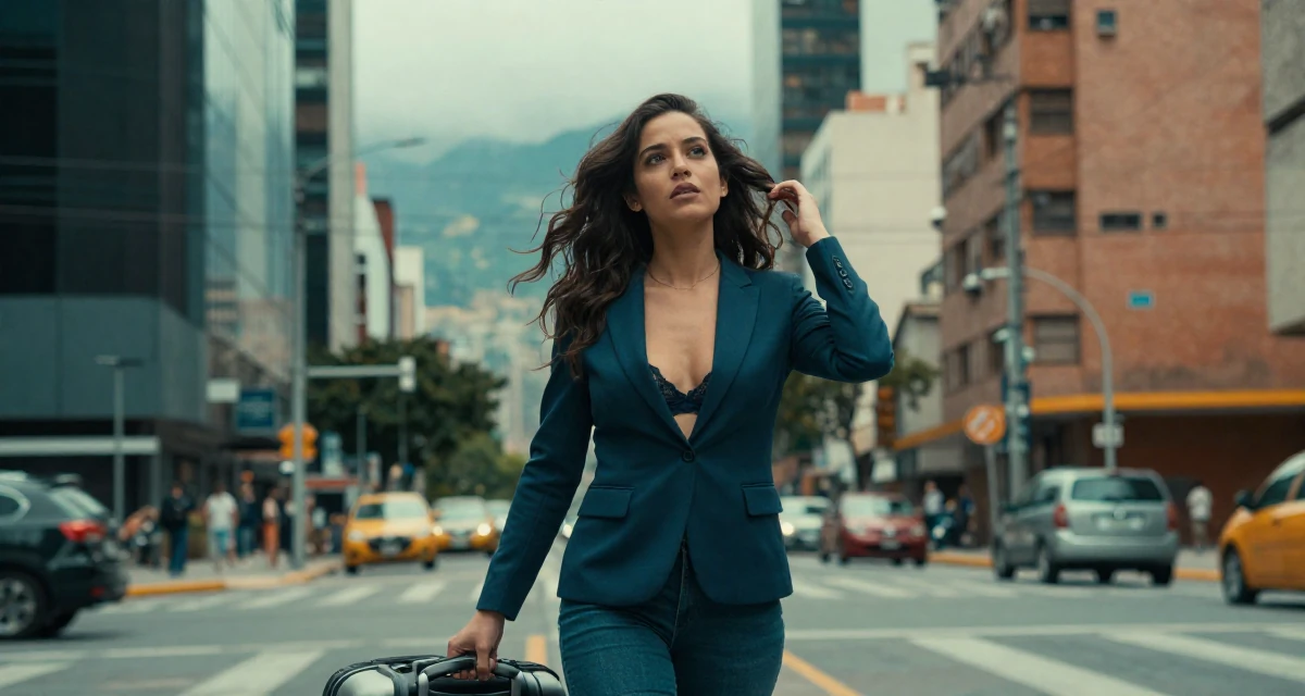 A carefree Female From Ecuador, studied system engineering in their 27, questioning long-term sustainability of creator life, wearing a fitted blazer with nothing underneath but a lace bra (hinted), pulling a suitcase in a busy intersection.