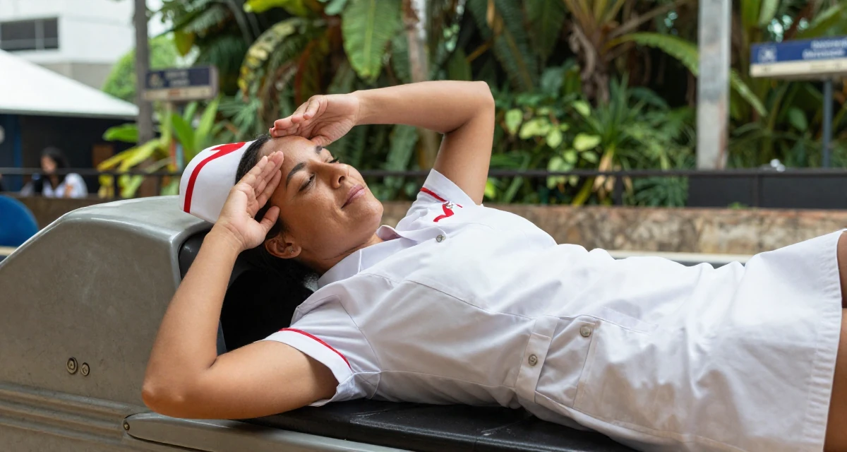 A satisfied Female From Cape Town South Africa, learned outdoor modeling and posing in their 30, recovering workaholic learning to relax, wearing a nurse cosplay uniform with a stylized cap, resting a hand on the forehead in a bowling alley.