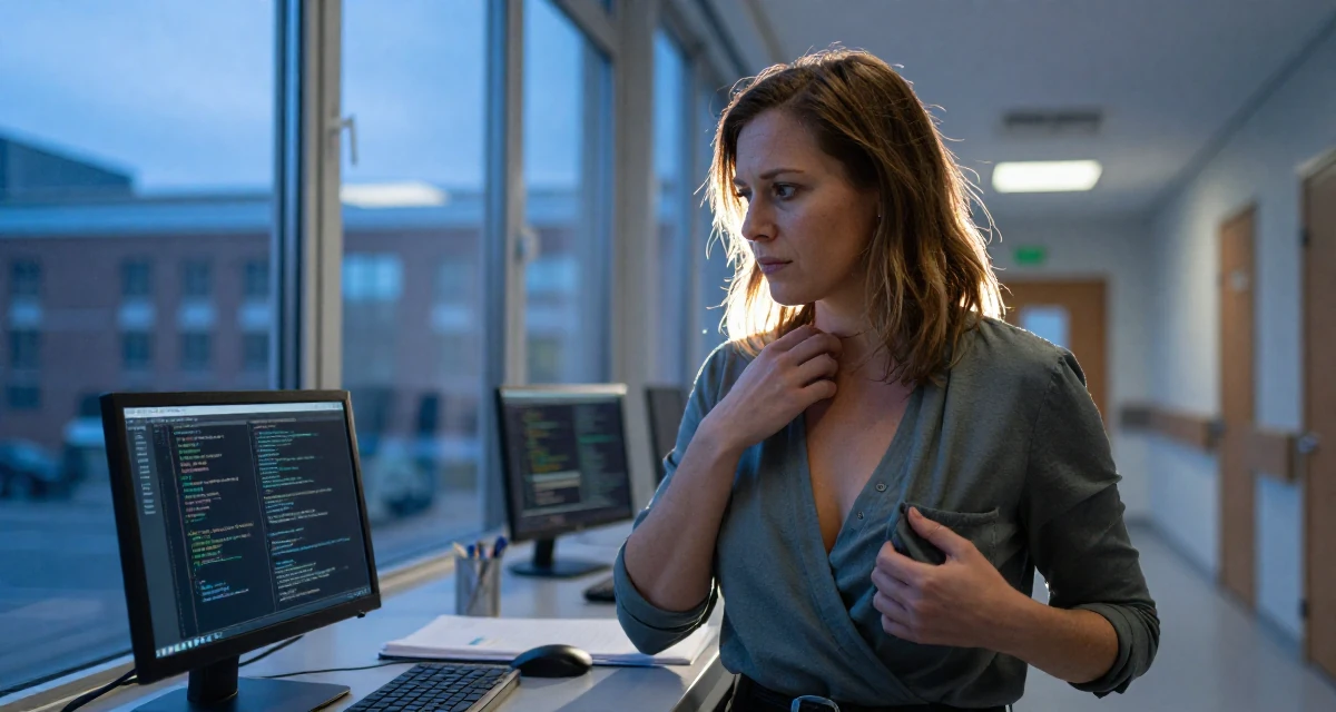 A disinterested Female From Sweden, majored in industrial engineering in their 33, teaching coding and tech skills online, wearing a wrap blouse with a deep neckline, reaching for a pocket in a hospital corridor.