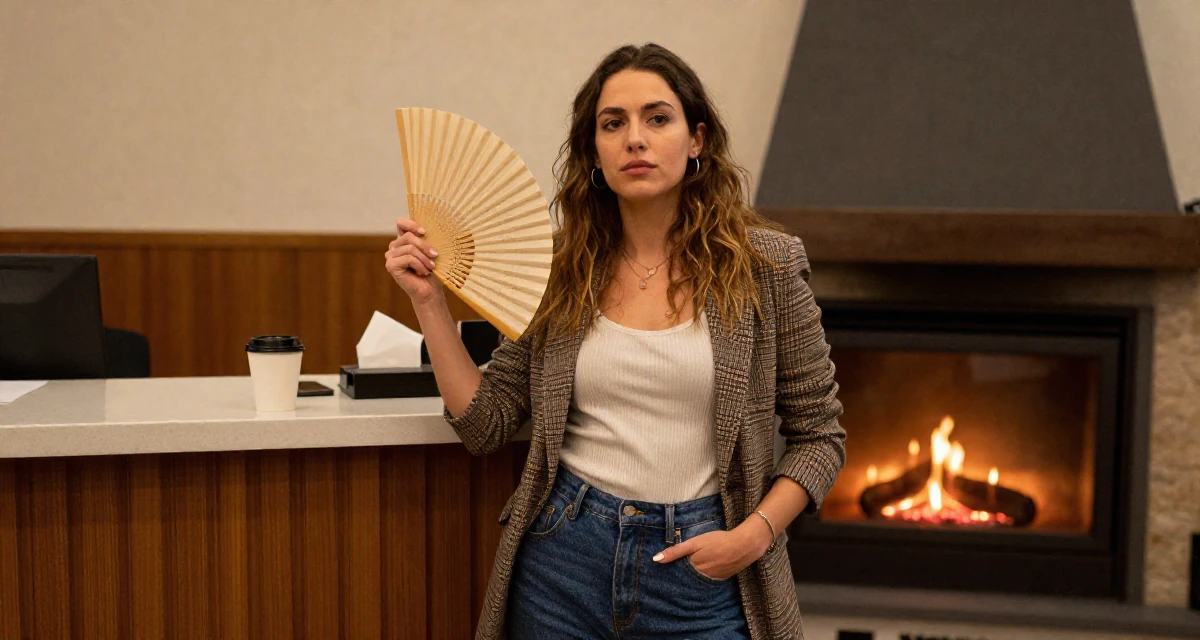 A assertive Female From Thessaloniki Greece, practiced warm-tone aesthetic storytelling in their 23, looking sophisticated but feeling lost inside, wearing a retro 90s casual vibe, fanning self with a hand in a lecture hall.