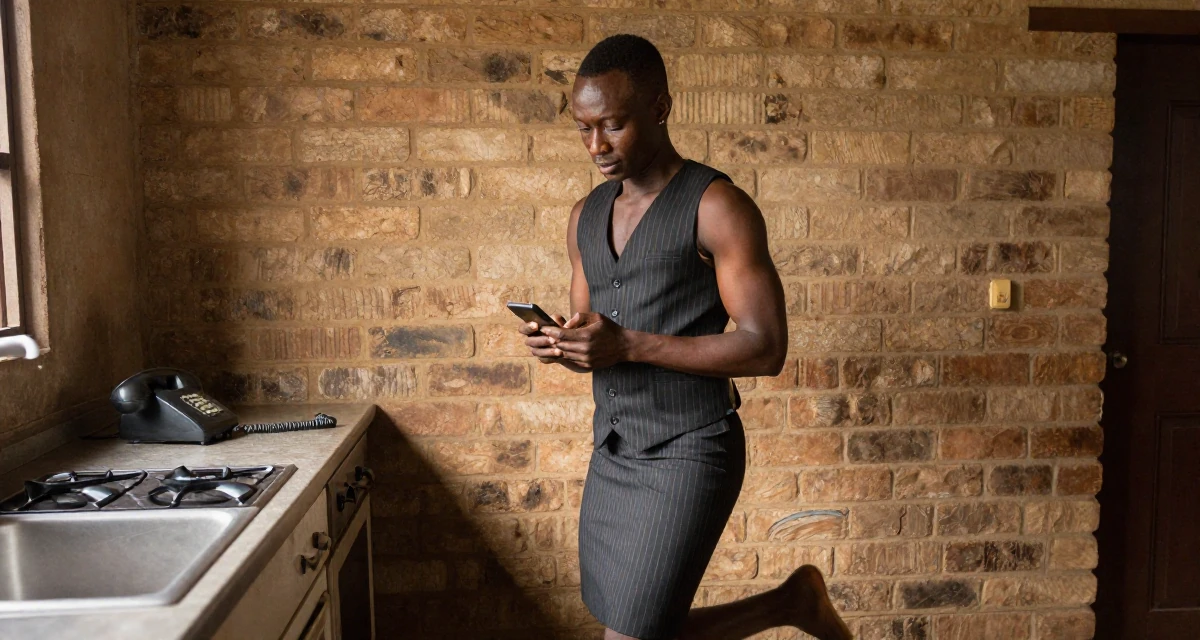 A self-assured male From Nairobi Kenya, trained in expressive dance and confident movement in their 22, trying to look more professional than they feel, wearing a pinstripe pencil skirt and a matching vest top, typing a message in a rustic kitchen.