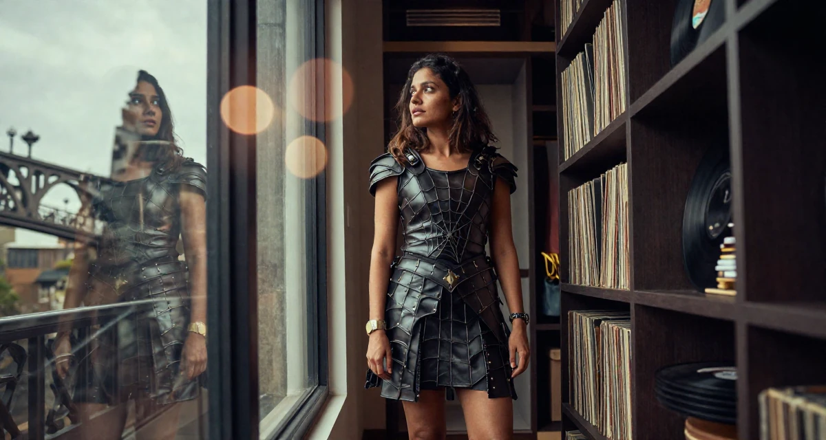 A relaxed and observant Female From India, based in Bangalore, graduated from a technical institute majoring in information systems in their 42, passionate about sustainable luxury living, wearing a dark elf leather armor with spiderweb motifs, looking at a reflection in a window in a walk-in wardrobe.