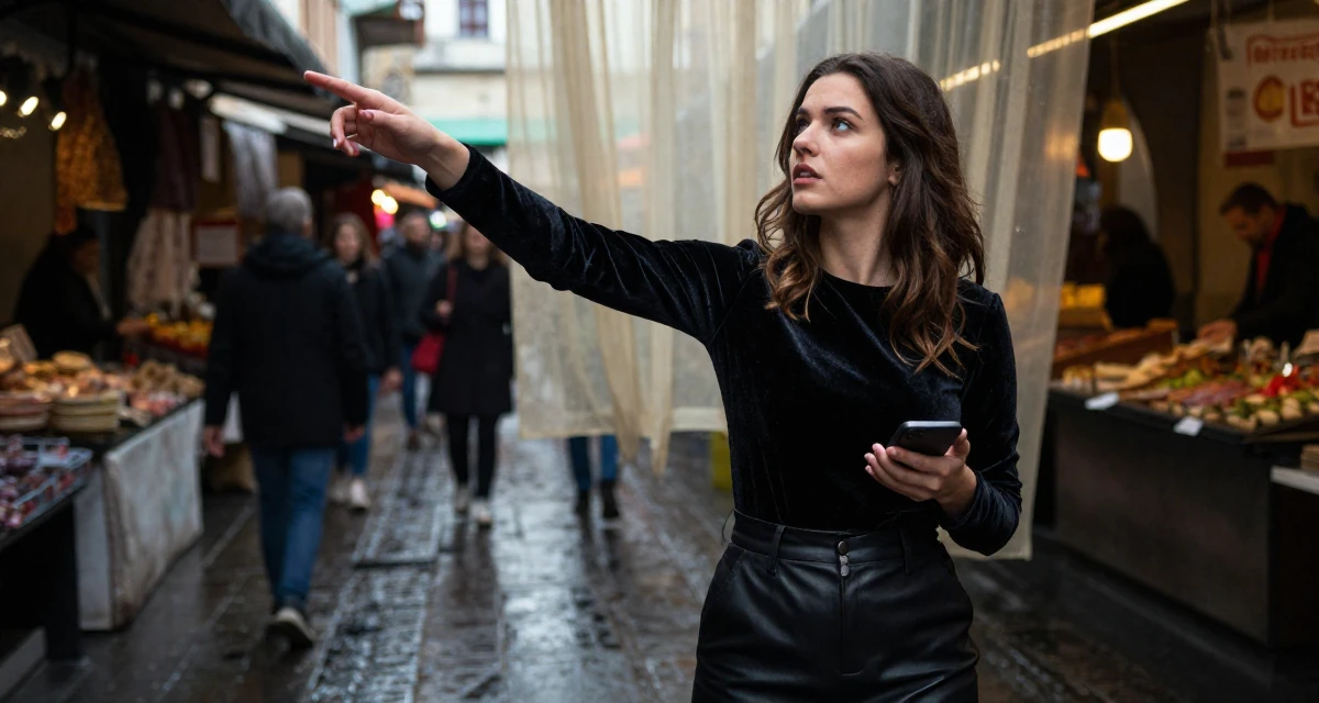 A dreamy Female From Spain, majored in public relations and advertising in their 22, using body language to convey mood more than exposure, wearing a fitted velvet top and a leather skirt, checking a phone in a bustling market.