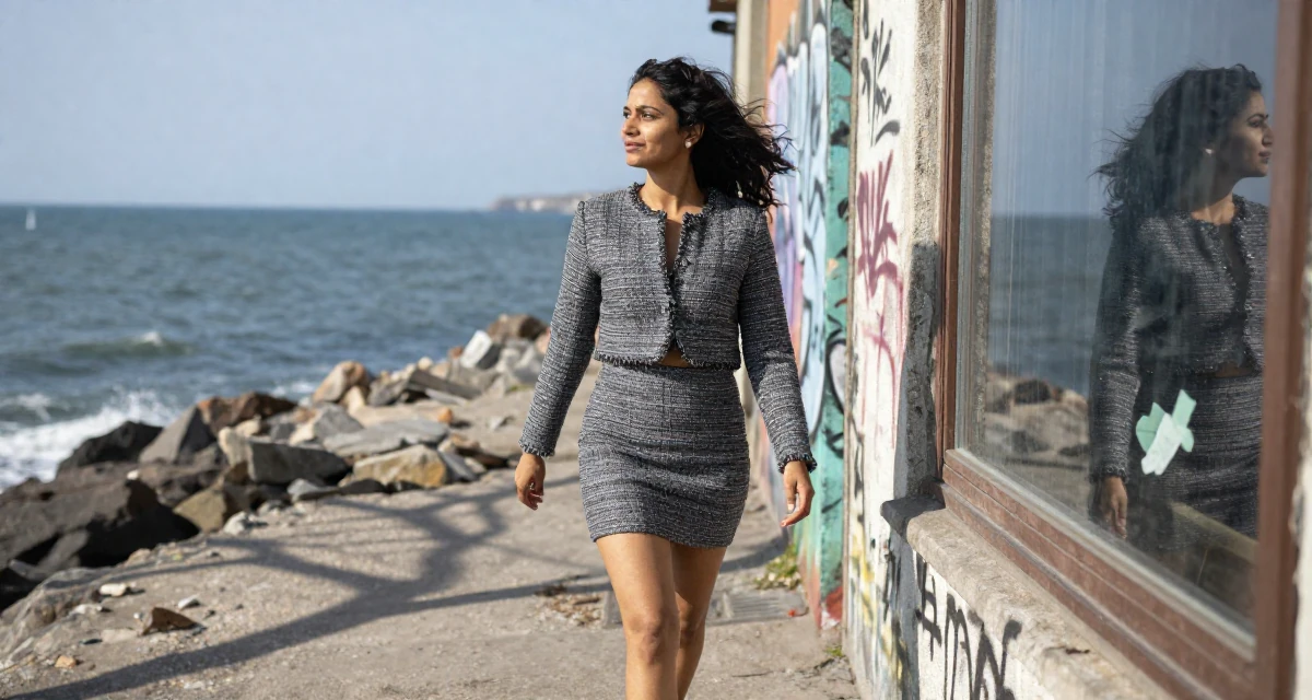 A relaxed Female From India, studied biotechnology in their 40, re-evaluating life goals with clarity, wearing a cropped tweed jacket and a high-waisted mini skirt, looking at a reflection in a window in a rocky ocean cliff.