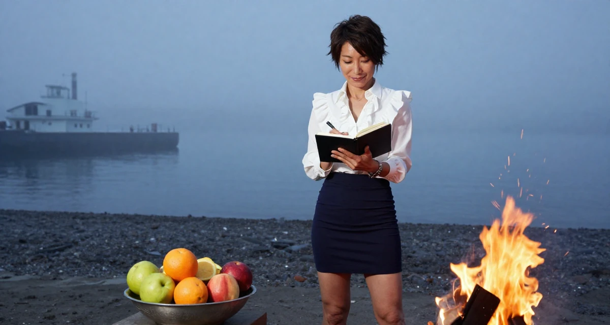 A amused male From Sapporo Japan, trained in fitness and body sculpting in their 43, sophisticated travel vlogger for mature women, wearing a ruffled blouse tucked into a tight mini skirt, writing in a journal in a foggy harbor.