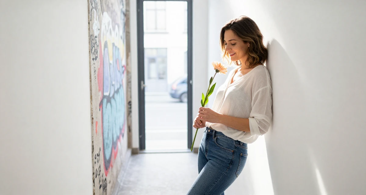 A harmonious Female Previously a stay-at-home mom, now monetizing relatable lifestyle content in their 30, learning that survival in creator economy requires brutal discipline, wearing a loose fitting blouse tucked into tight jeans, holding a flower in a narrow hallway.