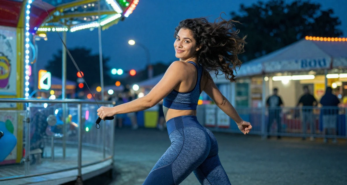 A bright and optimistic Female From Nairobi Kenya, trained in expressive dance and confident movement in their 38, reviewer of high-end tech products, wearing a form-fitting athletic set with a sports bra and leggings, holding a leash in a carnival with rides.