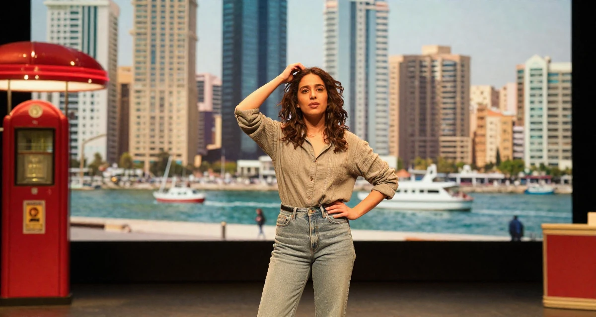 A refreshed Female Raised in Morocco, studied international marketing in their 22, facing creative blocks during busy weeks, wearing a comfortable urban casual outfit, messing up hair playfully in a theater stage.