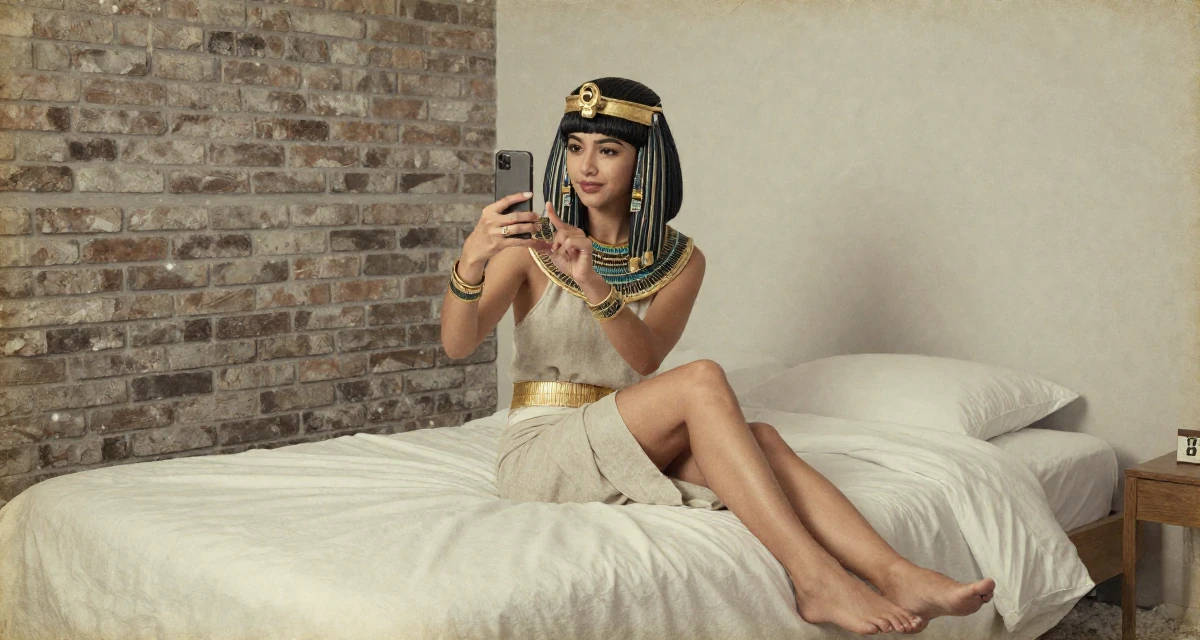 A charming Female From Kyoto Japan, practiced artistic nude photography as self-expression in their 20, stressing over finals and future uncertainty, wearing a egyptian queen costume with gold collar and linen, snapping a photo with a phone in a minimalist bedroom.