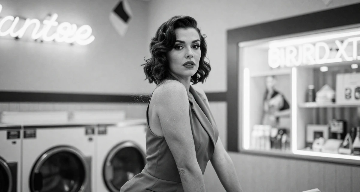 A composed Female Former street-dance trainee, now offering choreography-based fan content in their 25, developing a stronger creator identity and niche, wearing a sleeveless blazer dress showing toned arms, dusting off the shoulder in a laundromat with neon signs.