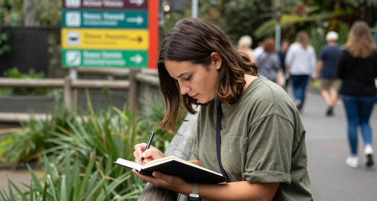 A relaxed Female From Wellington New Zealand, studied creative writing and visual narrative in their 25, becoming more selective with fan interactions, wearing a muted olive green tones, writing in a notebook in a zoo enclosure path.