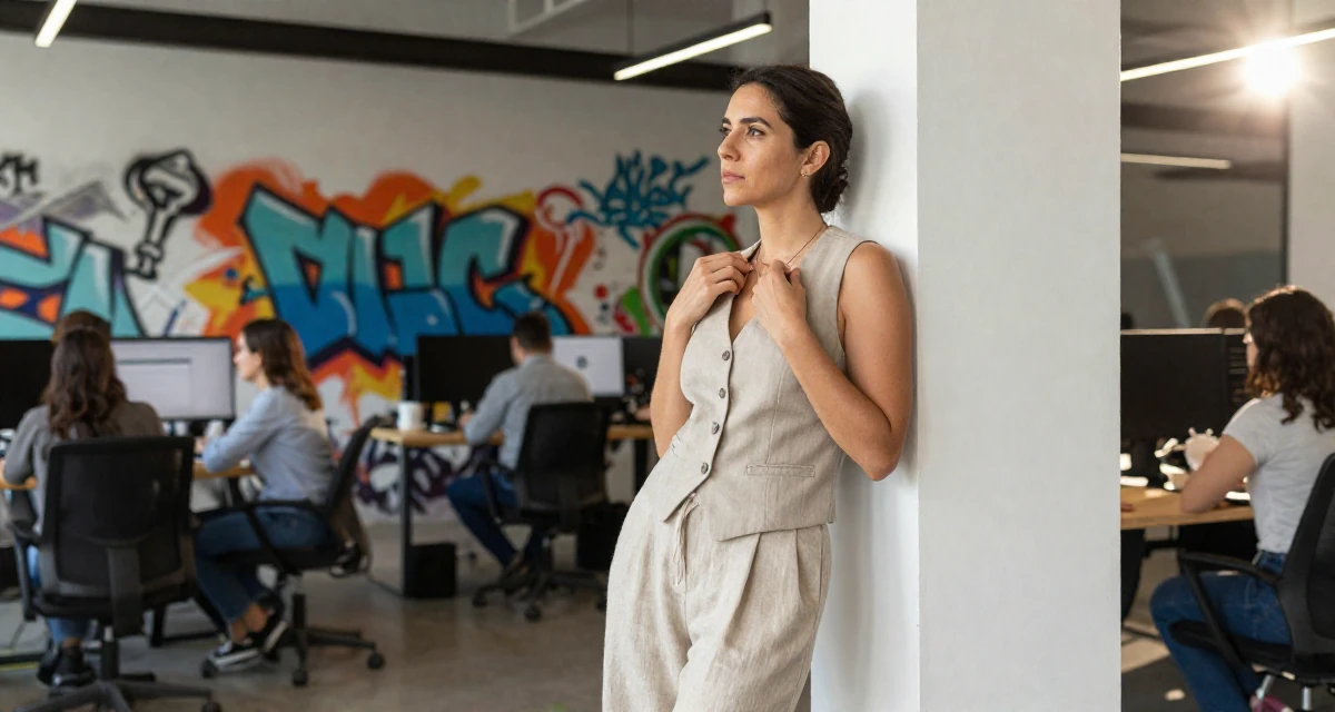 A cold and distant Female Born in Colombia, majored in media innovation in their 34, sharing the journey of infertility and hope, wearing a sleeveless vest top and wide-leg linen pants, fiddling with a necklace in a busy coworking space.