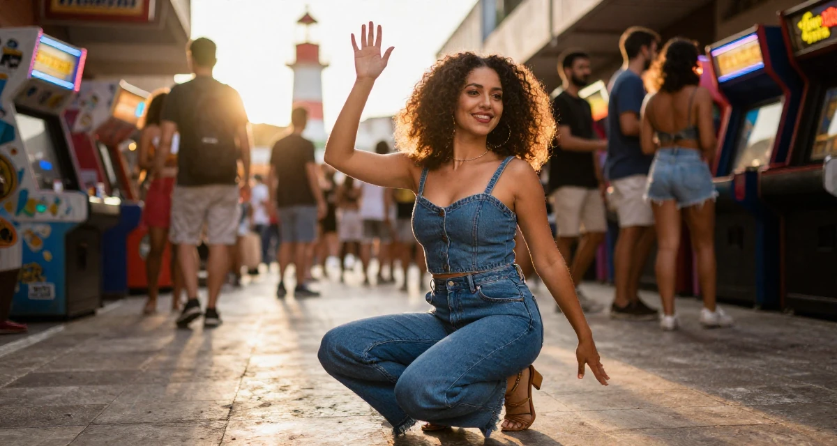 A satisfied Female From São Paulo Brazil, practiced samba dance and sensual movement in their 30, transitioning from corporate grind to creative freedom, wearing a fashionable denim on denim, waving to someone in a arcade room with neon lights.