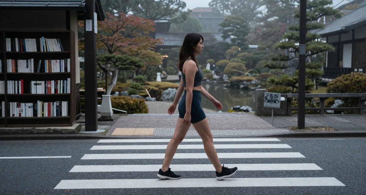 A stoic Female From Finland, majored in educational psychology in their 24, understanding personal limits and staying safe, wearing a cropped gym top and high-cut running shorts, pausing mid-step in a busy crosswalk.
