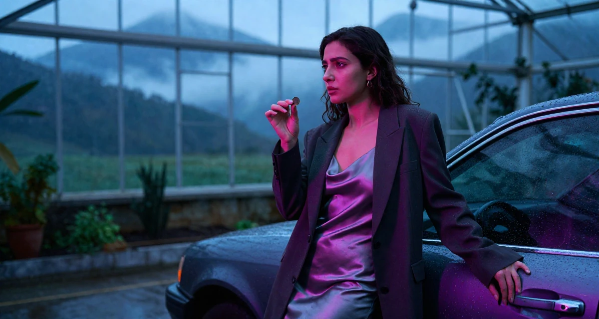 A relaxed and observant Female Born in Iran, majored in multimedia communication in their 20, dealing with the first major heartbreak, wearing a satin slip skirt paired with a structured blazer, flipping a coin in a greenhouse interior.