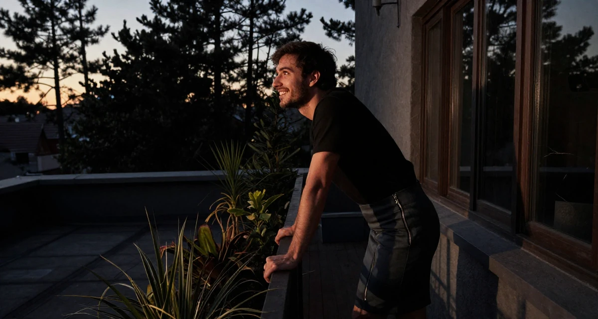 A cheerful male Former small-town teacher, now exploring expressive photography in their 22, feeling the imposter syndrome in a first serious job, wearing a pencil skirt with a zipper detail, looking out the window in a rooftop terrace at sunset.