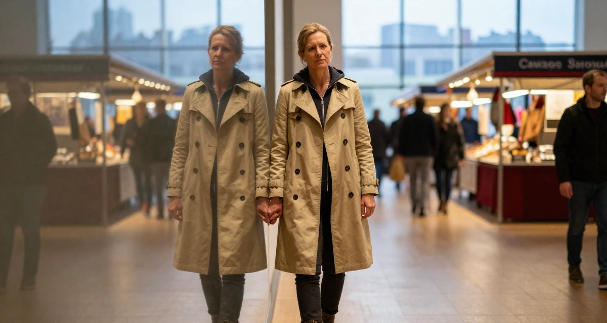 A cynical Female From Switzerland, studied finance and banking in their 50, exploring semi-retirement options, wearing a timeless trench and boots, zipping up a hoodie in a museum exhibit.