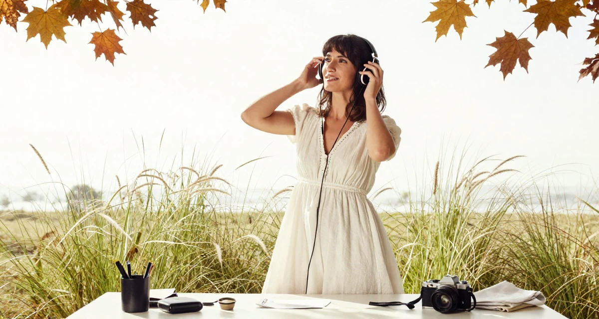 A compassionate Female From Madrid Spain, studied sensual dance and camera presence in their 38, expert in vintage fashion and thrifting, wearing a airy cotton dress for summer, adjusting headphones in a messy desk.