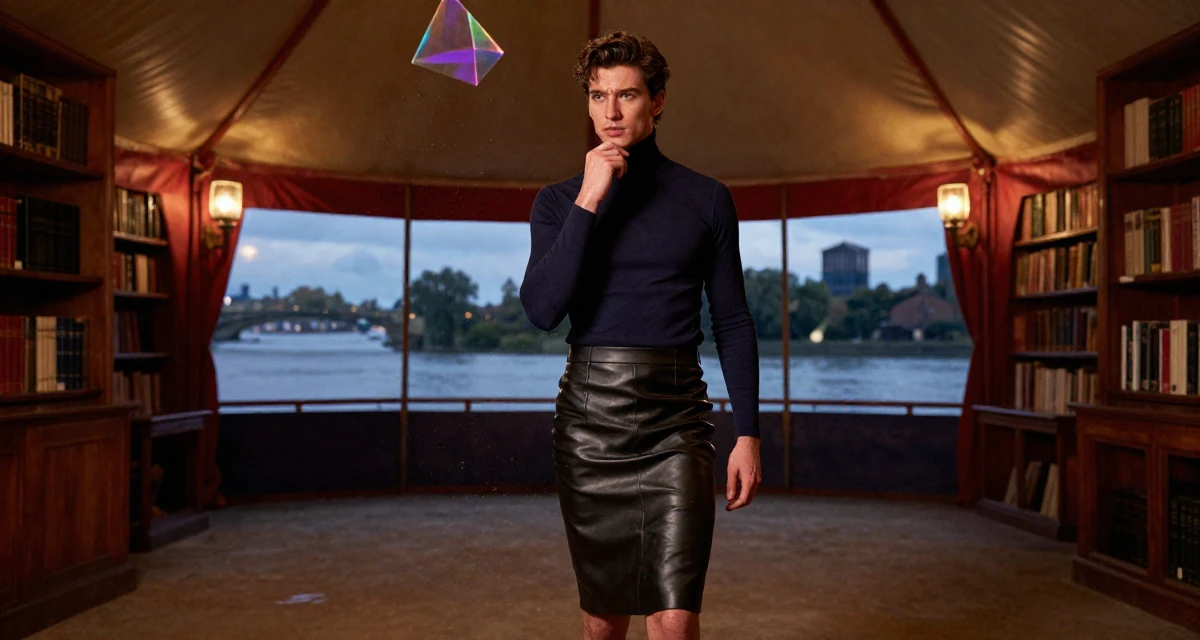 A sophisticated male Once a biology student, now exploring sensual posing as art in their 27, focusing on long-term wealth building, wearing a fitted turtleneck and a leather midi skirt, touching the chin thoughtfully in a circus tent interior.
