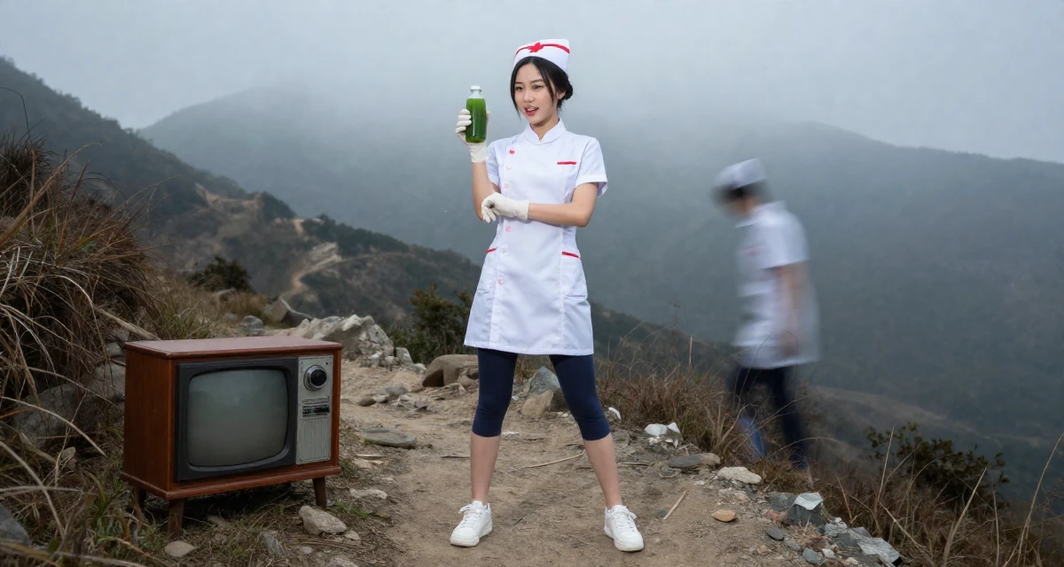 A victorious Female From Guangzhou China, learned fashion styling through studio work in their 24, wearing activewear and holding a green juice, wearing a nurse cosplay uniform with a stylized cap, removing a glove in a mountain trail.