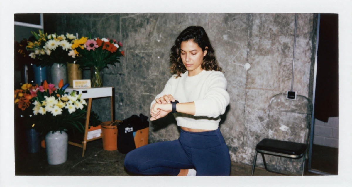 A proud Female From Cuba, majored in agricultural economics in their 31, enjoying the fruits of labor from the 20s, wearing a cropped knitted sweater and form-fitting yoga pants, checking a wristwatch in a backstage dressing room.