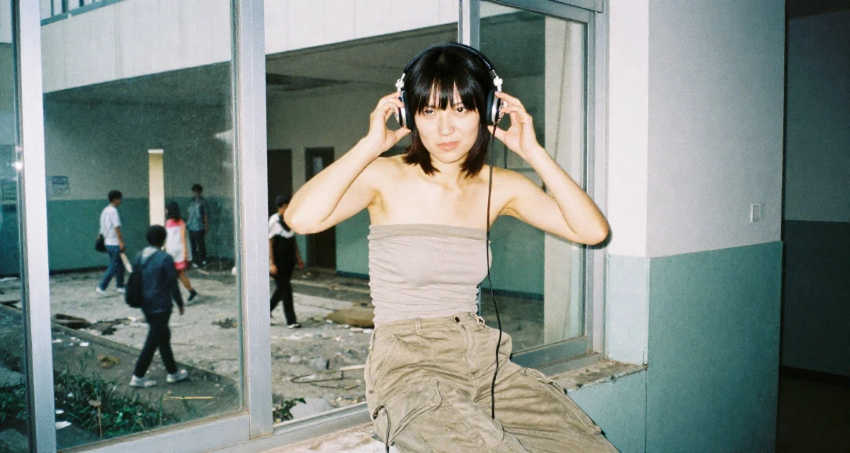 A rebellious Female From Japan, studied early childhood education in their 25, testing personal boundaries through new experiences, wearing a strapless tube top and cargo pants, adjusting headphones in a abandoned hospital.