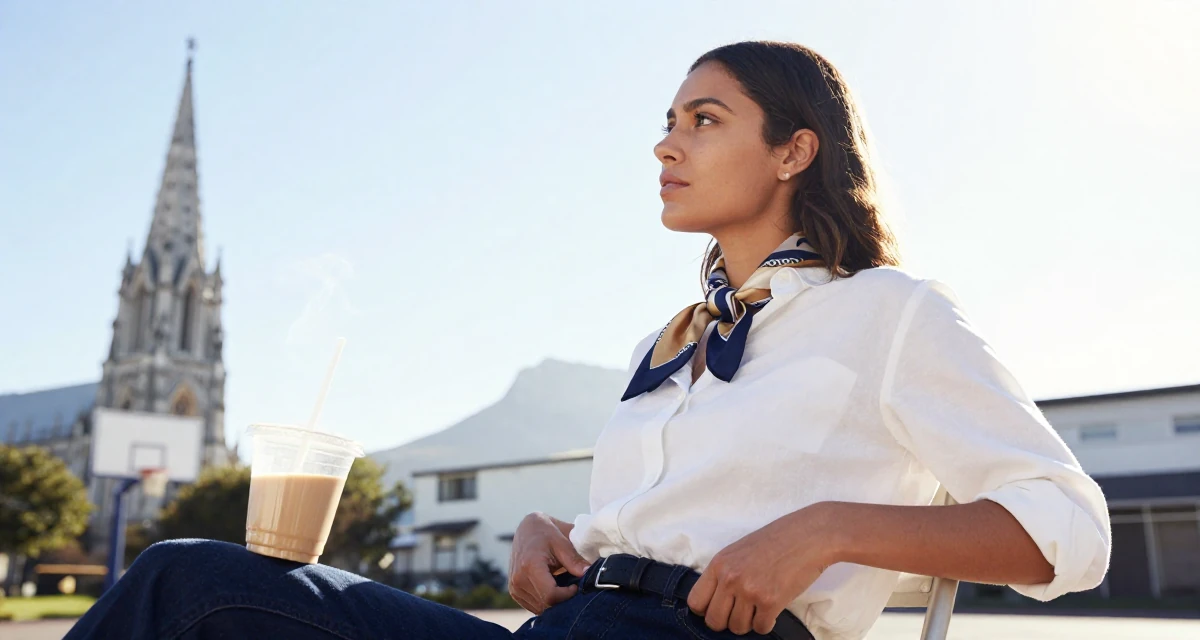 A refreshed Female From Cape Town South Africa, learned outdoor modeling and posing in their 28, questioning whether to scale up or scale back, wearing a silk scarf tied around the neck of a white shirt, adjusting a belt in a basketball court.