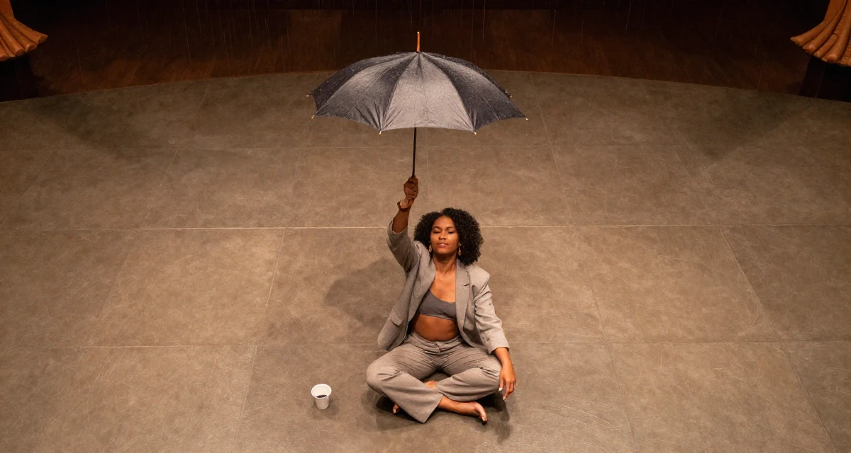 A serene Female From São Paulo Brazil, practiced samba dance and sensual movement in their 38, single dad sharing parenting hacks, wearing a relaxed fit suit separate, shaking rain off an umbrella in a empty theater stage.