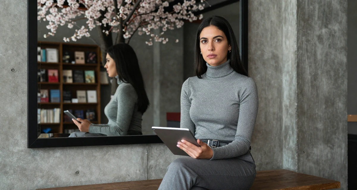 A resolute Female From Guadalajara Mexico, majored in business analytics in their 24, learning to say no without guilt, wearing a sophisticated turtleneck and trousers, holding a tablet device in a vintage bookstore.