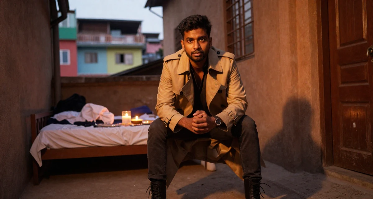 A soft male From Sri Lanka, studied digital commerce in their 22, looking at the world with fresh ambitious eyes, wearing a timeless trench and boots, clasping hands together in a quiet alleyway.